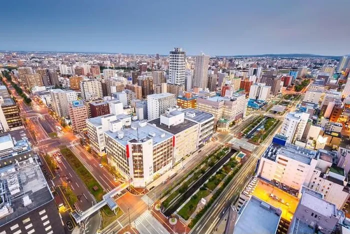 Framed Print : Sapporo, Japan cityscape and intersection from above in the central Chuo Ward at dusk Framed Print : Sapporo, Japan cityscape and intersection from above in the central Chuo Ward at dusk