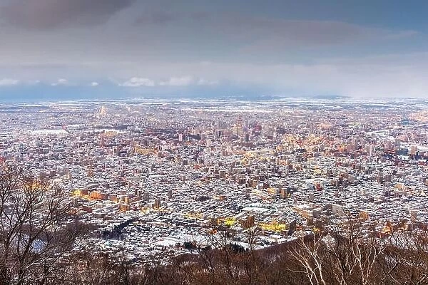 Sapporo, Japan winter skyline view from the mountains at dusk