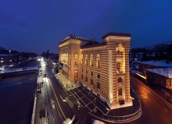 Framed Print : Sarajevo city hall or national library in town center aerialhyper lapse or time lapse Framed Print : Sarajevo city hall or national library in town center aerialhyper lapse or time lapse