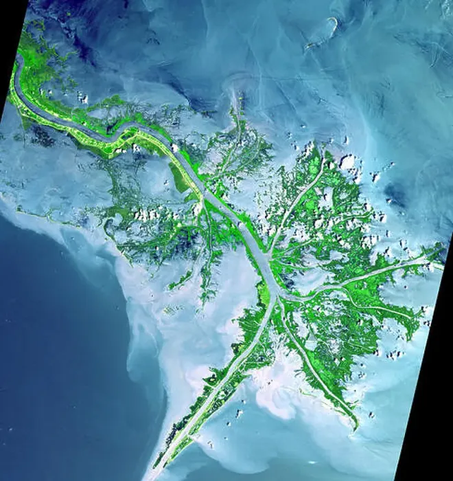 Framed Print : Satellite image of the Mississippi River Delta enters the Gulf of Mexico Framed Print : Satellite image of the Mississippi River Delta enters the Gulf of Mexico