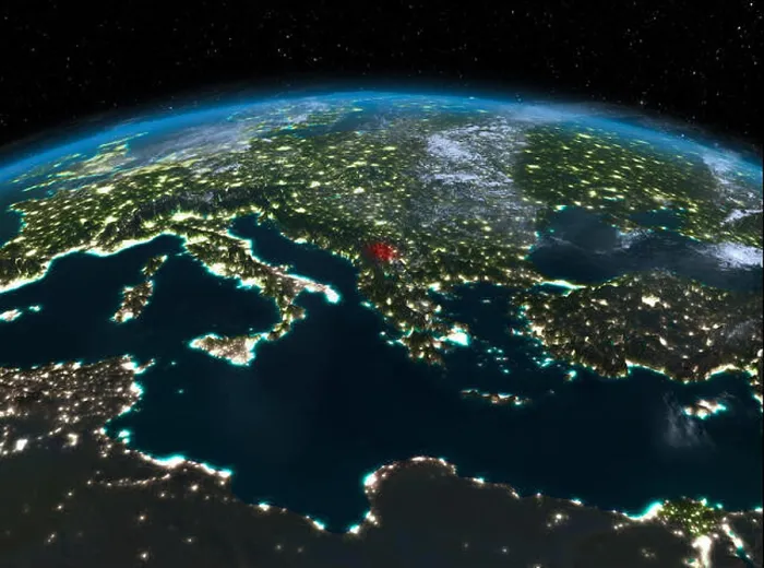 Framed Print : Satellite night view of Kosovo highlighted in red on planet Earth with clouds Framed Print : Satellite night view of Kosovo highlighted in red on planet Earth with clouds