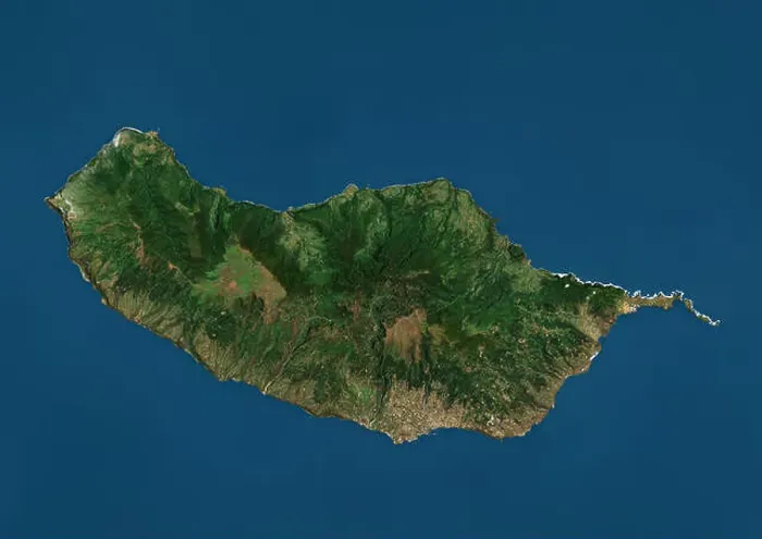 Framed Print : Satellite view of Madeira, Portugal. This image was compiled from data acquired by Landsat satellites Framed Print : Satellite view of Madeira, Portugal. This image was compiled from data acquired by Landsat satellites
