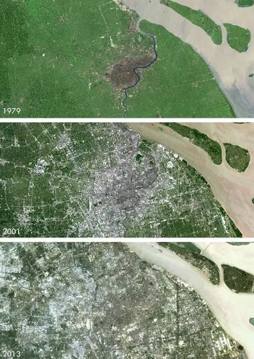 Framed Print : Satellite view of Shanghai, China in 1979, 2001 and 2013. This before and after image shows urban expansion over the years Framed Print : Satellite view of Shanghai, China in 1979, 2001 and 2013. This before and after image shows urban expansion over the years