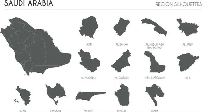 Framed Print : Saudi Arabia region silhouettes set and blank map of the country isolated on white background. Vector illustration design Framed Print : Saudi Arabia region silhouettes set and blank map of the country isolated on white background. Vector illustration design