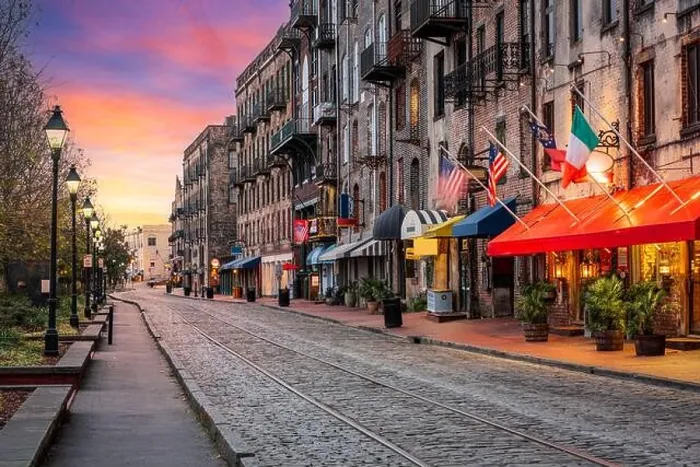 Framed Print : Savannah, Georgia, USA bars and restaurants on River Street at dawn Framed Print : Savannah, Georgia, USA bars and restaurants on River Street at dawn