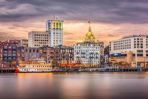 Savannah, Georgia, USA skyline on the river at dusk