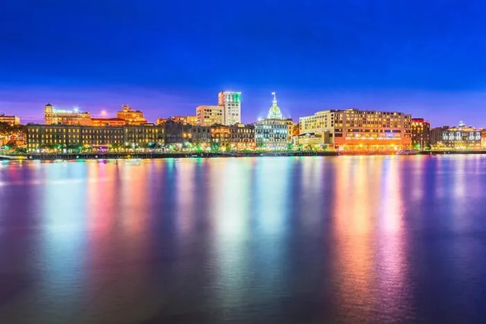 Framed Print : Savannah, Georgia, USA skyline on the Savannah River at dusk Framed Print : Savannah, Georgia, USA skyline on the Savannah River at dusk