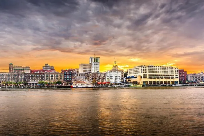 Framed Print : Savannah, Georgia, USA skyline on the Savannah River at dusk Framed Print : Savannah, Georgia, USA skyline on the Savannah River at dusk