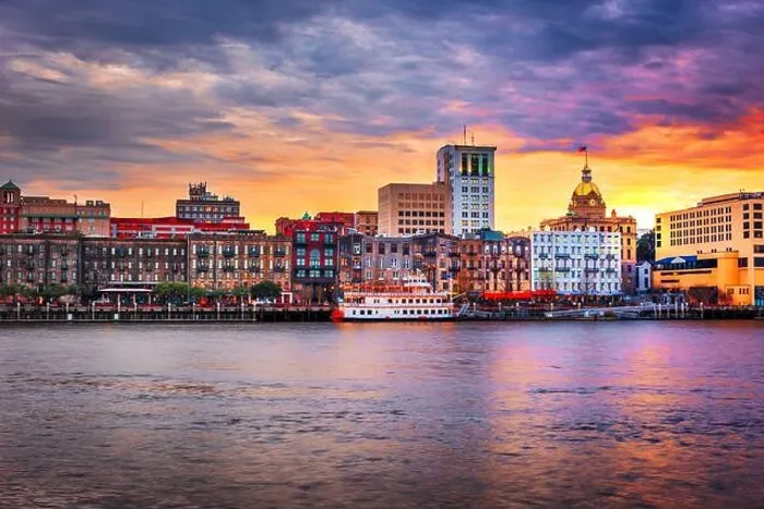 Framed Print : Savannah, Georgia, USA skyline on the Savannah River at dusk