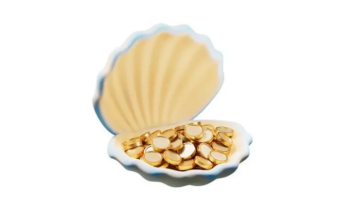 Framed Print : Scallop shell and golden coins with cartoon style, 3d rendering. 3D illustration Framed Print : Scallop shell and golden coins with cartoon style, 3d rendering. 3D illustration
