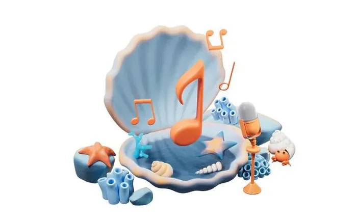 Framed Print : Scallop shell underwater and music notes, 3d rendering. 3D illustration Framed Print : Scallop shell underwater and music notes, 3d rendering. 3D illustration