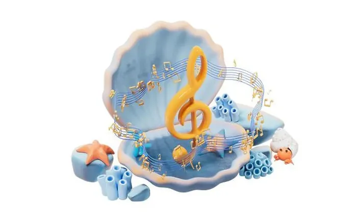 Framed Print : Scallop shell underwater and music notes, 3d rendering. 3D illustration Framed Print : Scallop shell underwater and music notes, 3d rendering. 3D illustration