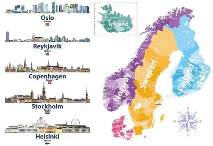 Framed Print : Scandinavian countries map with capital cities skylines icons. Vector illustration