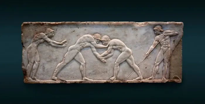 Framed Print : Front scene of the Ball Player Base showing athletes wrestling in the Palaestra. See description for more information Framed Print : Front scene of the Ball Player Base showing athletes wrestling in the Palaestra. See description for more information