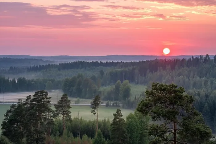 Framed Print : Scenery high angle view with sunset and evening light at summer in Finland Framed Print : Scenery high angle view with sunset and evening light at summer in Finland