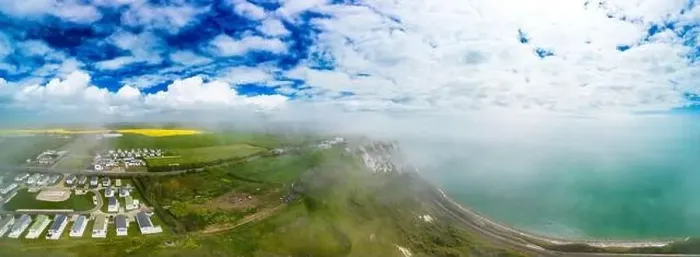 Framed Print : Scenic aerial drone view of Samphire Hoe Country Park with white cliffs, Dover, south England Framed Print : Scenic aerial drone view of Samphire Hoe Country Park with white cliffs, Dover, south England