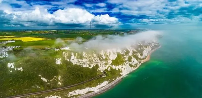 Framed Print : Scenic aerial drone view of Samphire Hoe Country Park with white cliffs, Dover, south England Framed Print : Scenic aerial drone view of Samphire Hoe Country Park with white cliffs, Dover, south England
