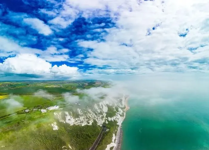 Framed Print : Scenic aerial drone view of Samphire Hoe Country Park with white cliffs, Dover, south England Framed Print : Scenic aerial drone view of Samphire Hoe Country Park with white cliffs, Dover, south England