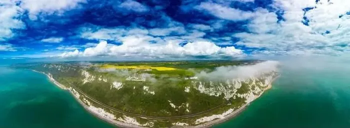 Framed Print : Scenic aerial drone view of Samphire Hoe Country Park with white cliffs, Dover, south England Framed Print : Scenic aerial drone view of Samphire Hoe Country Park with white cliffs, Dover, south England