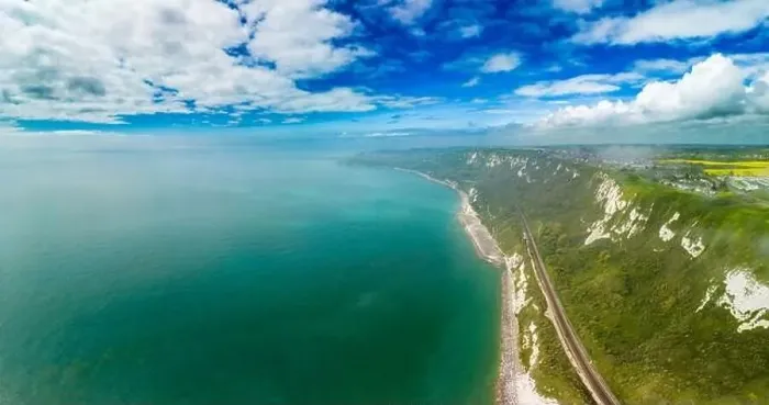 Framed Print : Scenic aerial drone view of Samphire Hoe Country Park with white cliffs, Dover, south England Framed Print : Scenic aerial drone view of Samphire Hoe Country Park with white cliffs, Dover, south England