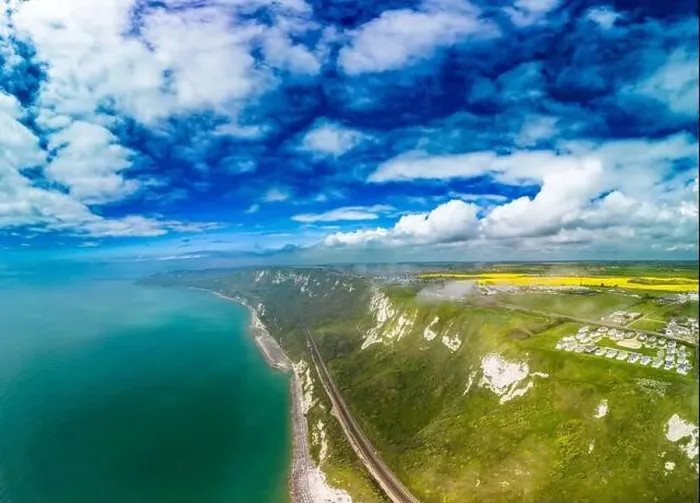 Framed Print : Scenic aerial drone view of Samphire Hoe Country Park with white cliffs, Dover, south England Framed Print : Scenic aerial drone view of Samphire Hoe Country Park with white cliffs, Dover, south England