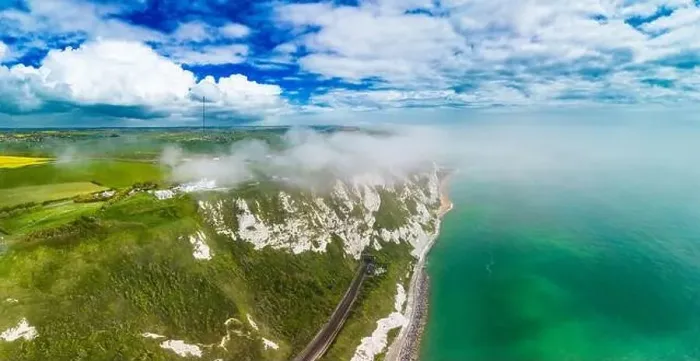 Framed Print : Scenic aerial drone view of Samphire Hoe Country Park with white cliffs, Dover, south England