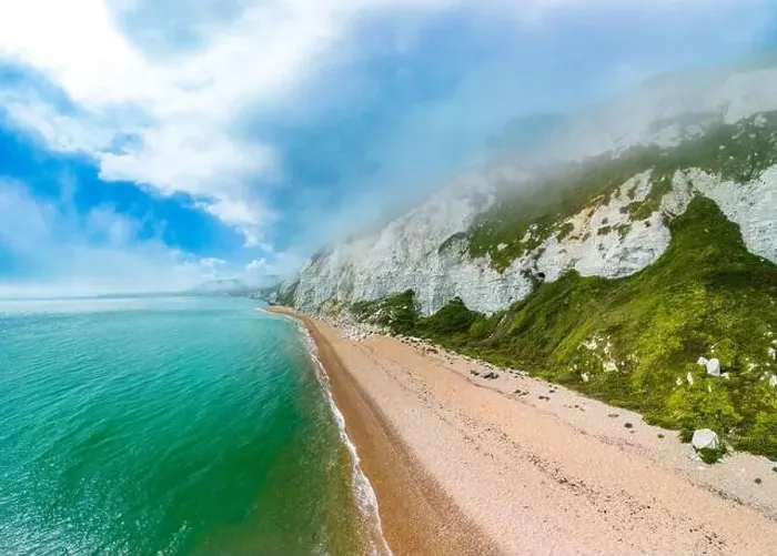 Framed Print : Scenic aerial drone view of Samphire Hoe Country Park with white cliffs, Dover, south England