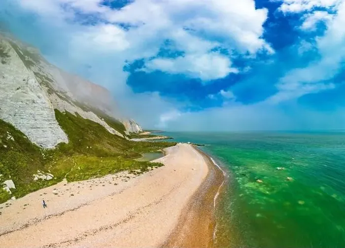Framed Print : Scenic aerial drone view of Samphire Hoe Country Park with white cliffs, Dover, south England Framed Print : Scenic aerial drone view of Samphire Hoe Country Park with white cliffs, Dover, south England