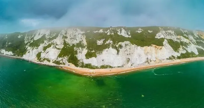 Framed Print : Scenic aerial drone view of Samphire Hoe Country Park with white cliffs, Dover, south England Framed Print : Scenic aerial drone view of Samphire Hoe Country Park with white cliffs, Dover, south England