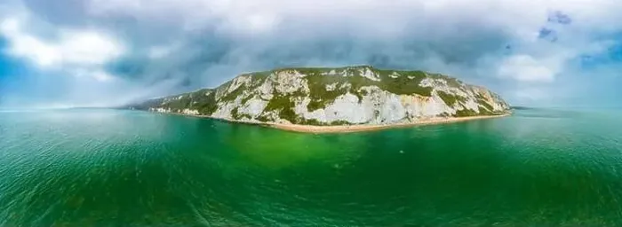 Framed Print : Scenic aerial drone view of Samphire Hoe Country Park with white cliffs, Dover, south England Framed Print : Scenic aerial drone view of Samphire Hoe Country Park with white cliffs, Dover, south England