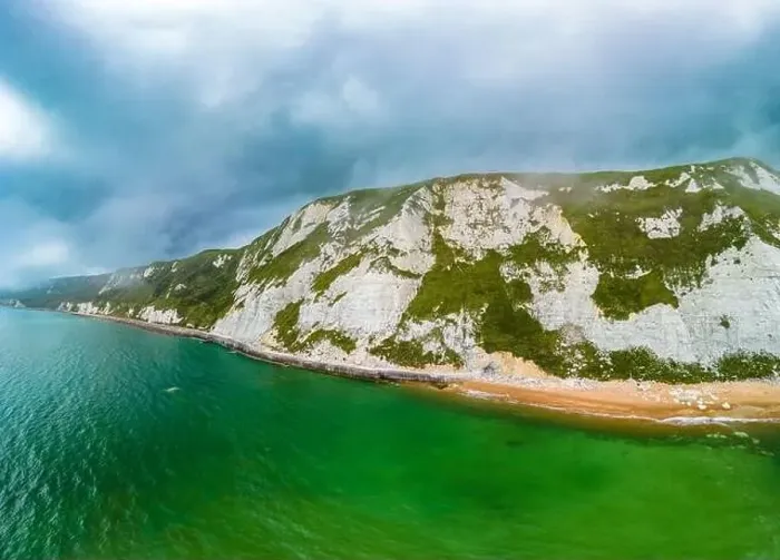 Framed Print : Scenic aerial drone view of Samphire Hoe Country Park with white cliffs, Dover, south England Framed Print : Scenic aerial drone view of Samphire Hoe Country Park with white cliffs, Dover, south England