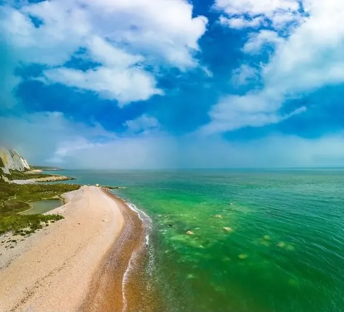 Framed Print : Scenic aerial drone view of Samphire Hoe Country Park with white cliffs, Dover, south England Framed Print : Scenic aerial drone view of Samphire Hoe Country Park with white cliffs, Dover, south England