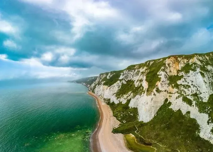 Framed Print : Scenic aerial drone view of Samphire Hoe Country Park with white cliffs, Dover, south England Framed Print : Scenic aerial drone view of Samphire Hoe Country Park with white cliffs, Dover, south England