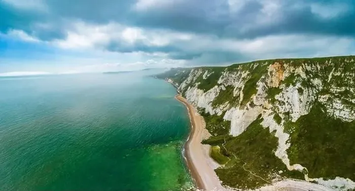Framed Print : Scenic aerial drone view of Samphire Hoe Country Park with white cliffs, Dover, south England Framed Print : Scenic aerial drone view of Samphire Hoe Country Park with white cliffs, Dover, south England