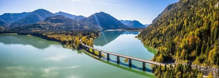 Framed Print : Scenic aerial view of the bridge over Lake Sylvenstein with beautiful reflections Framed Print : Scenic aerial view of the bridge over Lake Sylvenstein with beautiful reflections