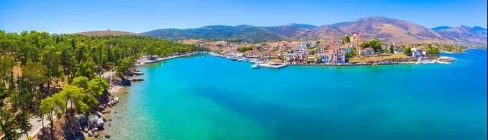 Framed Print : Scenic aerial view of Galaxidi village with colorful buildings, Greece Framed Print : Scenic aerial view of Galaxidi village with colorful buildings, Greece