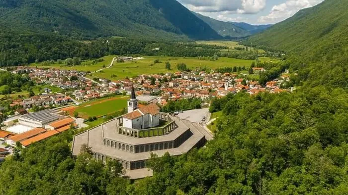Framed Print : Scenic Aerial View of The Italian Charnel House in Kobarid, Slovenia Framed Print : Scenic Aerial View of The Italian Charnel House in Kobarid, Slovenia