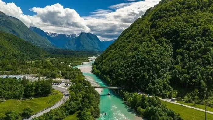 Framed Print : Scenic Aerial View of Soca River and Mountains Near Bovec, Slovenia