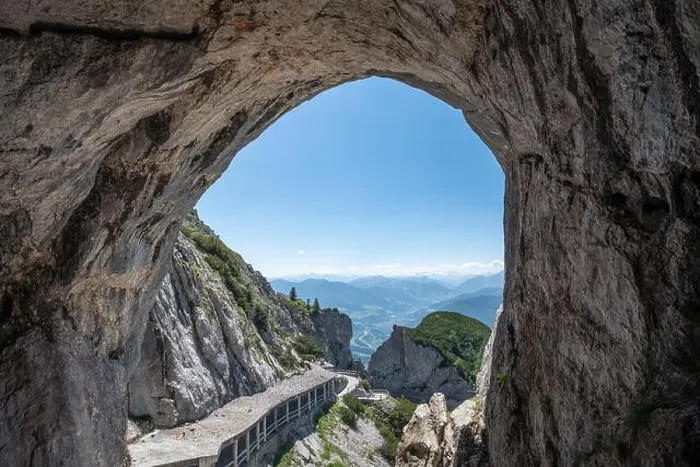 Framed Print : Scenic cave landscape with mountains and blue sky at bright summer day in Werfen, Austria. Ice cave hole Framed Print : Scenic cave landscape with mountains and blue sky at bright summer day in Werfen, Austria. Ice cave hole