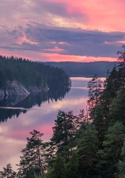 Framed Print : Scenic forest and lake landscape with tranquil mood and colourful sunset at summer morning in Finland