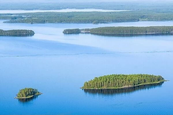 Scenic lake landscape with blue water and beautiful pine trees island at sunny summer day in National park Finland