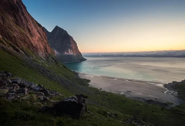 Framed Print : Scenic landscape with beach and mountain at bright summer night in Lofoten Islands, Norway Framed Print : Scenic landscape with beach and mountain at bright summer night in Lofoten Islands, Norway