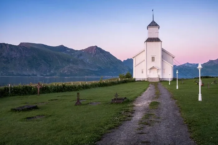 Framed Print : Scenic landscape with church and sunset at summer night in Lofoten, Norway Framed Print : Scenic landscape with church and sunset at summer night in Lofoten, Norway