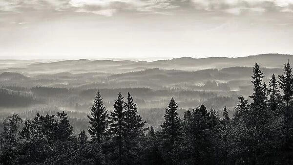Scenic landscape at day time in Koli, national park. Black and white style