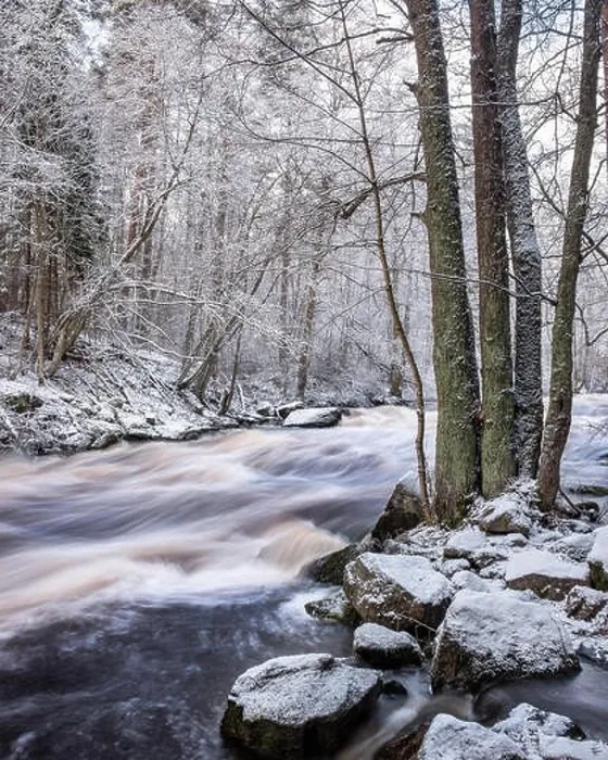 Framed Print : Scenic landscape with flowing river at winter morning Framed Print : Scenic landscape with flowing river at winter morning