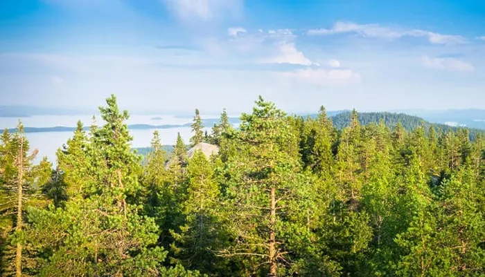 Framed Print : Scenic landscape with lake and lush forest at day time in Koli, national park Framed Print : Scenic landscape with lake and lush forest at day time in Koli, national park