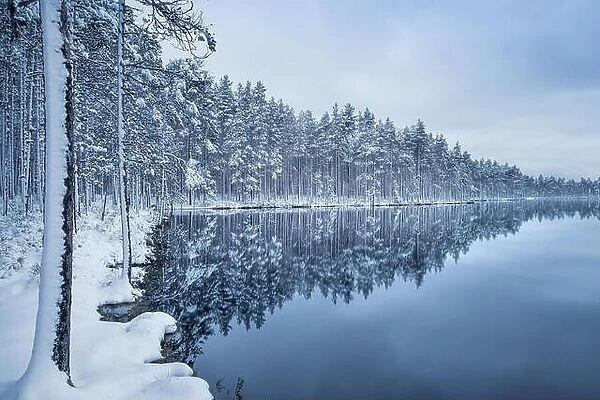 Scenic landscape with lake reflection and snow at winter evening