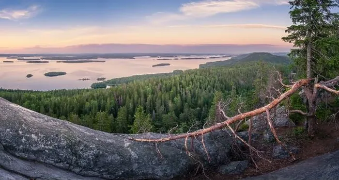 Framed Print : Scenic landscape with lake and sunset at evening in Koli, national park, Finland Framed Print : Scenic landscape with lake and sunset at evening in Koli, national park, Finland