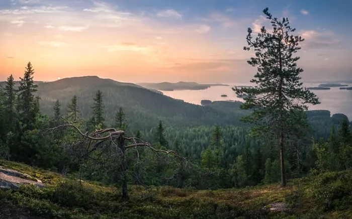 Framed Print : Scenic landscape with lake and sunset at evening in national park Framed Print : Scenic landscape with lake and sunset at evening in national park