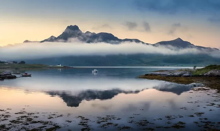Framed Print : Scenic landscape with mountain reflection and low clouds at summer night in Lofoten, Norway Framed Print : Scenic landscape with mountain reflection and low clouds at summer night in Lofoten, Norway